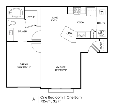 Floor plan for 1 bed, 1 bath, 735 sqft
